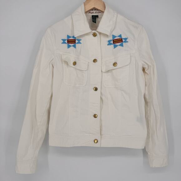 Ralph Lauren Jeans Co. Beaded Off White Denim Jacket Sz M Southwestern Rare VTG - Picture 1 of 10